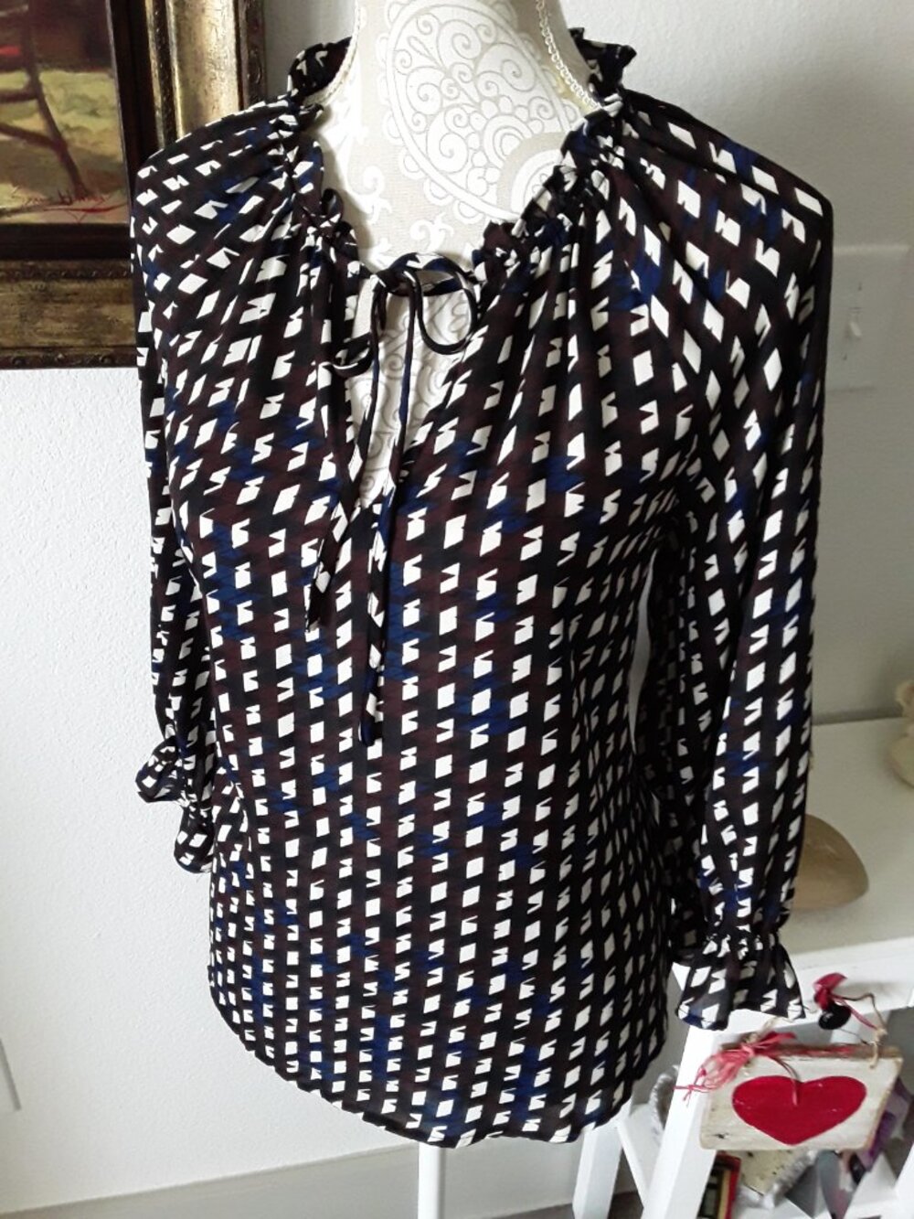 Pleione lovely burgundy, navy and white long sleeve blouse size M